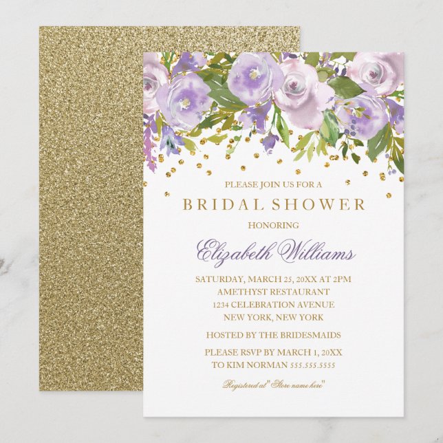 Invitación a la ducha espumosa floral morada dorad (Anverso / Reverso)