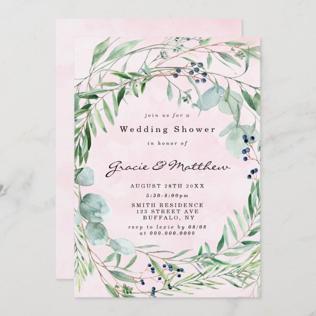 Invitación a la ducha Eucalyptus Rubor Pink Weddin (Anverso / Reverso)