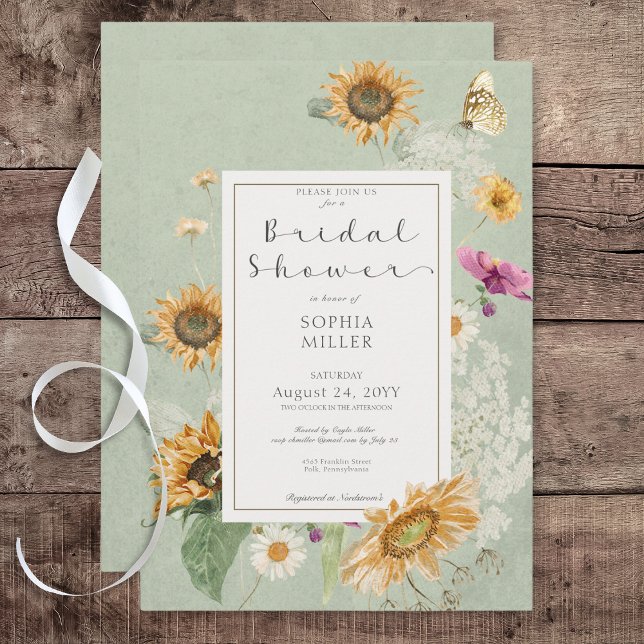 Invitación a la ducha floral de girasol de verano  (Vintage Summer Sunflower Green Bridal Shower Invitation)