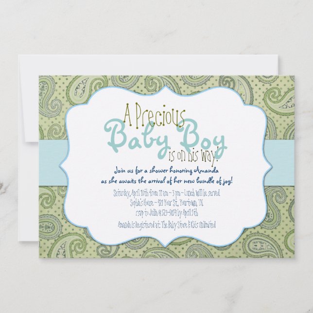 Invitación a la ducha Green Paisley Baby Boy (Anverso)