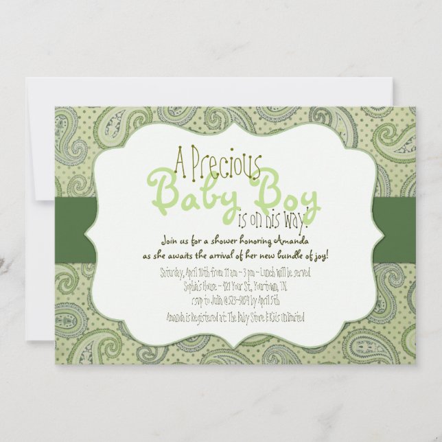 Invitación a la ducha Green Paisley Baby Boy (Anverso)