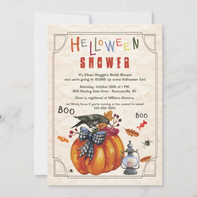 Invitación a la ducha Halloween de calabaza y cuer (Anverso)