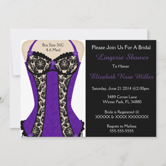 Invitación a la ducha Lingerie Black & Purple Cors (Anverso)