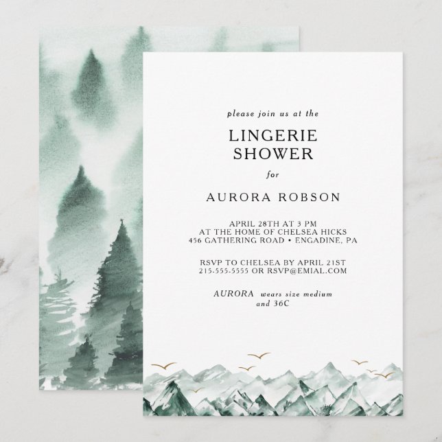 Invitación a la ducha Lingerie Green and Gold Moun (Anverso / Reverso)