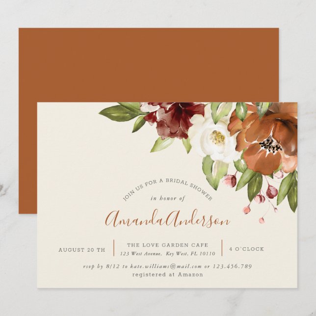 Invitación a la ducha marfileña Naranja floral oto (Anverso / Reverso)