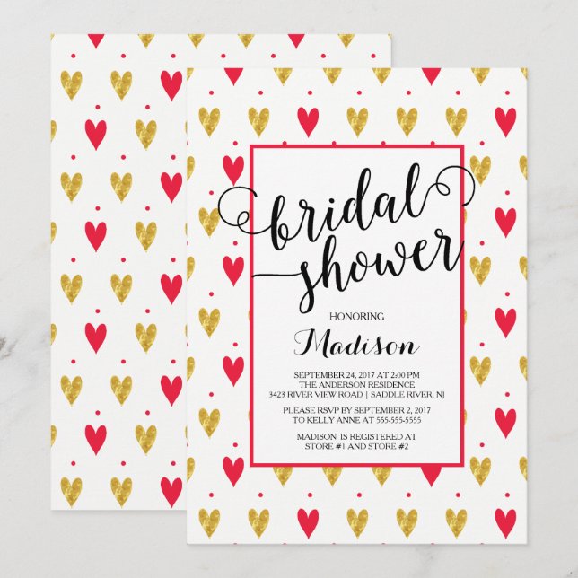 Invitación a la ducha marital Gold Red Hearts (Anverso / Reverso)