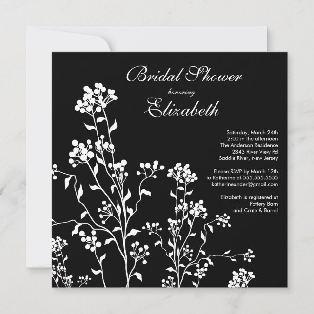 Invitación a la ducha marrón floral blanca negra (Anverso)