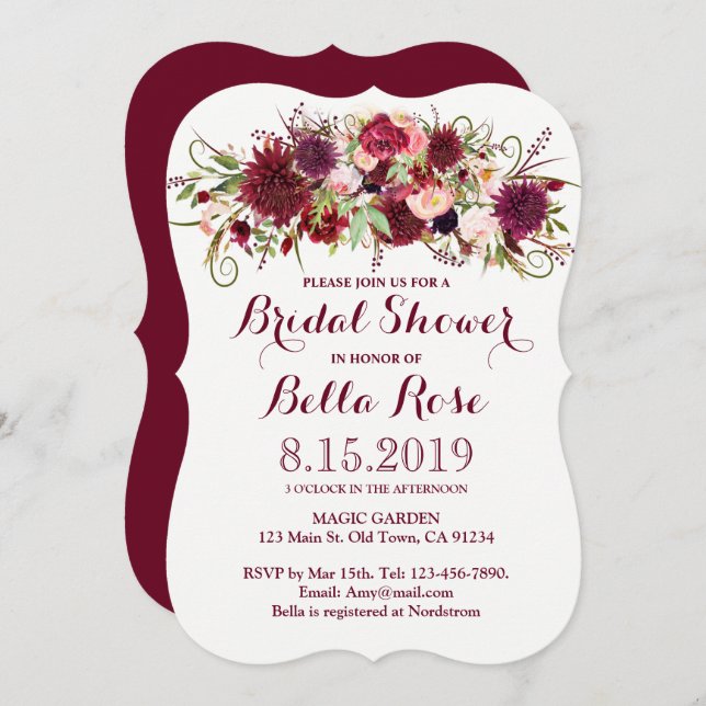 Invitación a la ducha marsala con flores de borgoñ (Anverso / Reverso)