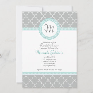 Invitación a la ducha monograma azul y gris