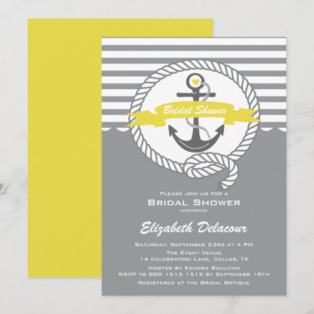 Invitación a la ducha náutica amarilla y gris (Anverso / Reverso)