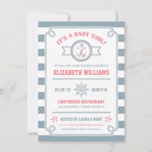 Invitación a la ducha náutica náutica gris y rosa
