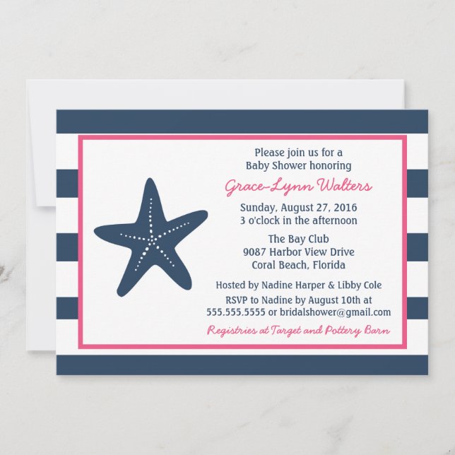 Invitación a la ducha náutica Starfish, marina y r (Anverso)