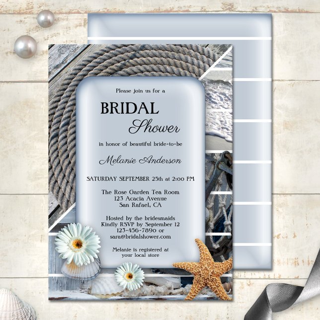 Invitación a la ducha Nautical Beach Boho Blue Bri (Dusty blue bridal shower invitation showing a nautical design with ropes, starfish and shells)