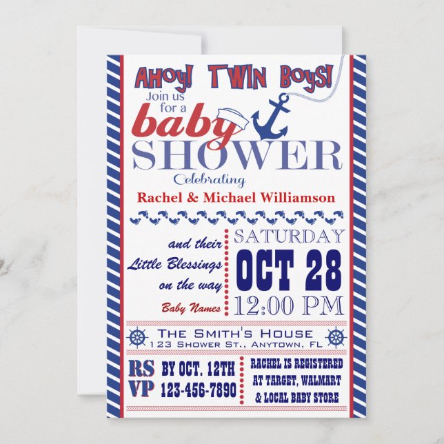 Invitación a la ducha Nautical Twin Baby Boy (Anverso)