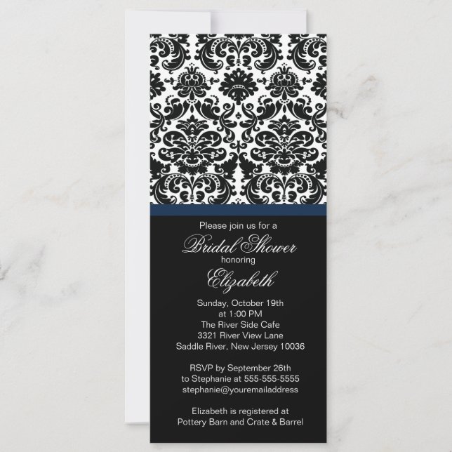 Invitación a la ducha nupcial azul Damask Midnight (Anverso)