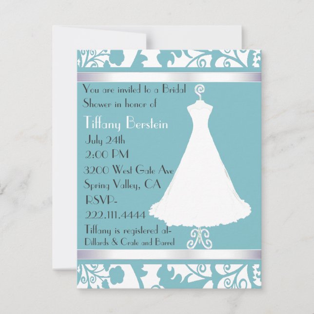 Invitación a la ducha nupcial Blue Damask (Anverso)