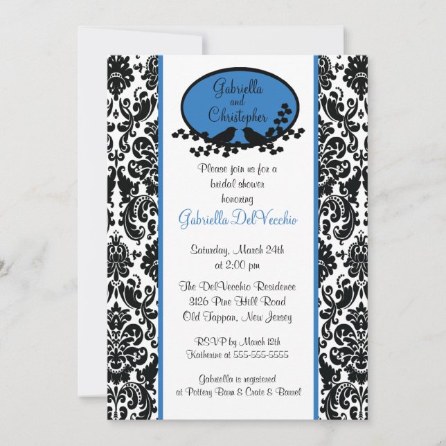 Invitación a la ducha nupcial Blue Damask (Anverso)