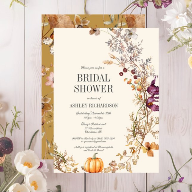 Invitación a la ducha nupcial Boho Boho Floral Fal (Fall Pumpkin Floral Bridal Shower Invitation, Ivory Bridal Shower Invite, Wildflowers )