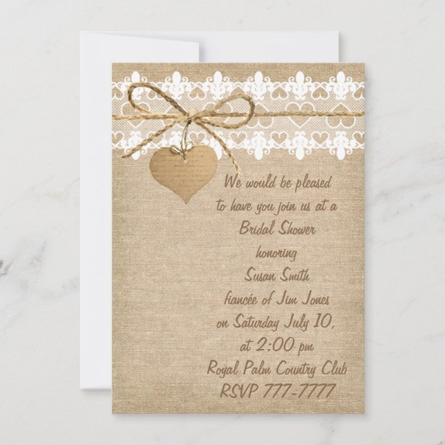 Invitación a la ducha nupcial Burlap y Lace Bridal (Anverso)