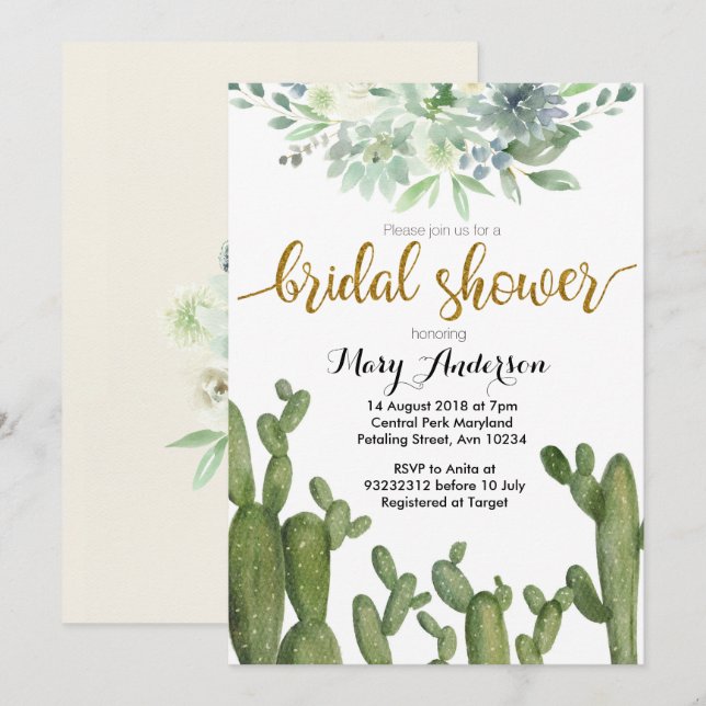 Invitación a la ducha nupcial Cactus Gold (Anverso / Reverso)
