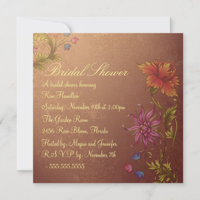 Invitación a la ducha nupcial con flores naranjas  (Anverso)