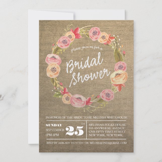 Invitación a la ducha nupcial con flores rusticas (Anverso)