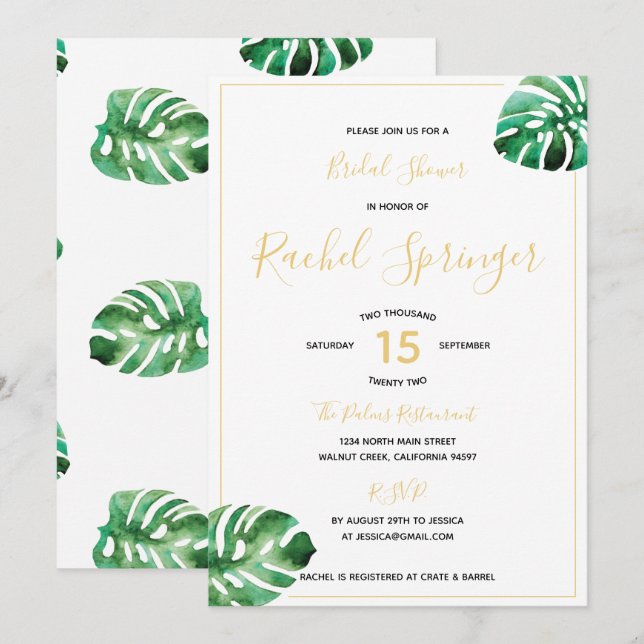 Invitación a la ducha nupcial con hoja de monstera (Anverso / Reverso)