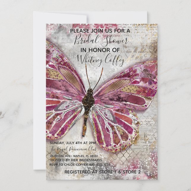 Invitación a la ducha nupcial con mariposas ruidos (Anverso)