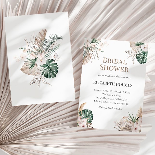 Invitación a la ducha nupcial con orquídeas tropic (Boho Tropical Orchid Bridal Shower Invitation on a sunny neutral dry palm leaf.)