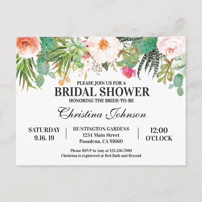 Invitación a la ducha nupcial con suculentos, cact (Anverso)