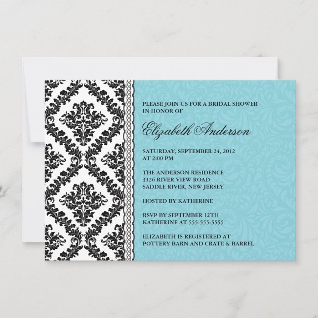 Invitación a la ducha nupcial Damasco negro y turq (Anverso)