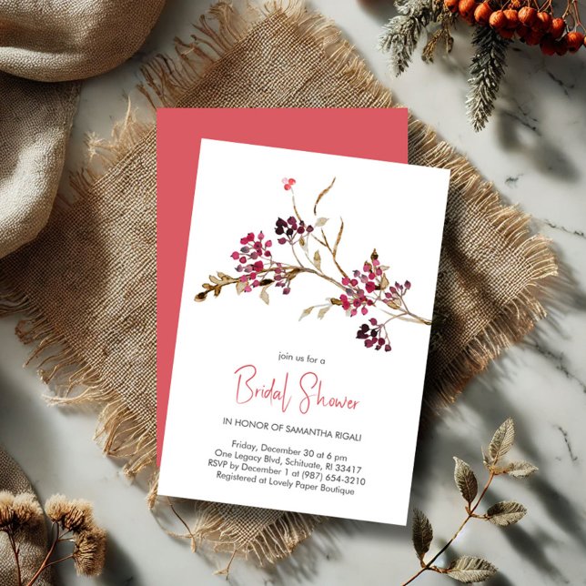 Invitación a la ducha nupcial de acuarela de otoño (Rustic bridal shower invitations botanical red berries and leaves)