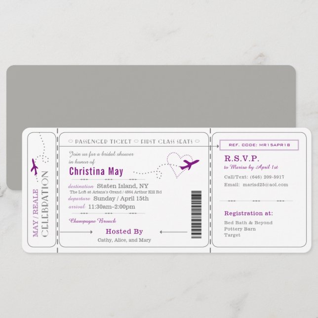 Invitación a la ducha nupcial de boleto de tarjeta (Anverso / Reverso)