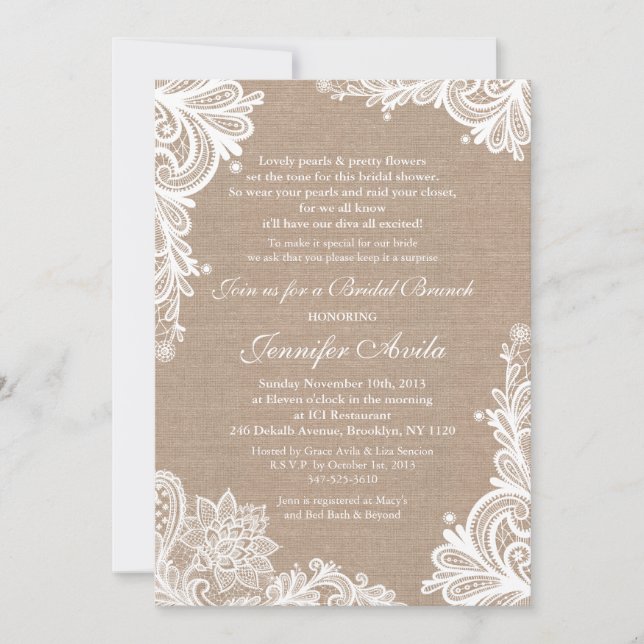 Invitación a la ducha nupcial de Burlap y Lace Bri (Anverso)
