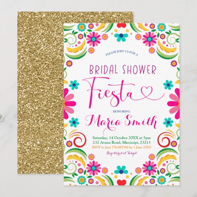 Invitación a la ducha nupcial de Fiesta floral mex (Anverso / Reverso)