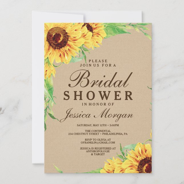 Invitación a la ducha nupcial de girasol rústico (Anverso)