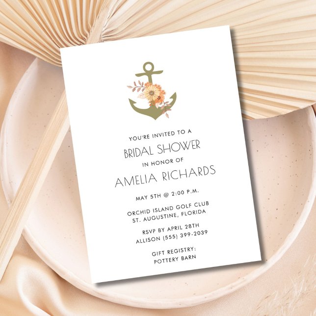 Invitación a la ducha nupcial de la banda de oro d (Nautical Anchor Gold Stripe Bridal Shower Invite)