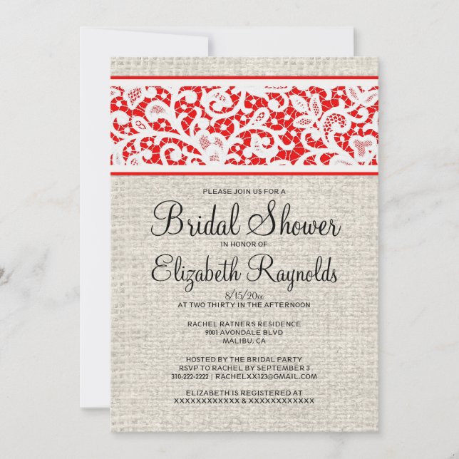 Invitación a la ducha nupcial de lino negro rojo r (Anverso)