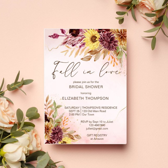 Invitación a la ducha nupcial de otoño enamorada (Fall in love autumn bridal shower yellow brown foliage sunflowers watercolor invitation template)