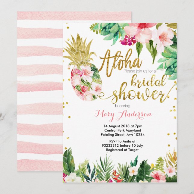 Invitación a la ducha nupcial de piña de Aloha (Anverso / Reverso)