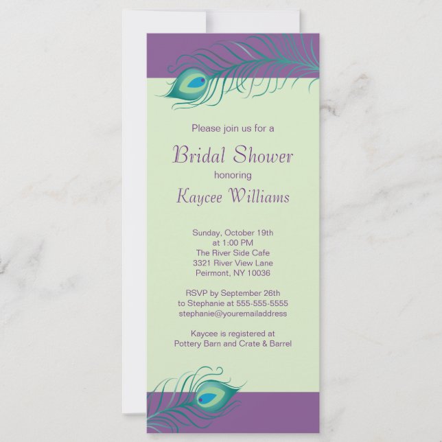 Invitación a la ducha nupcial de plumas de pavo re (Anverso)