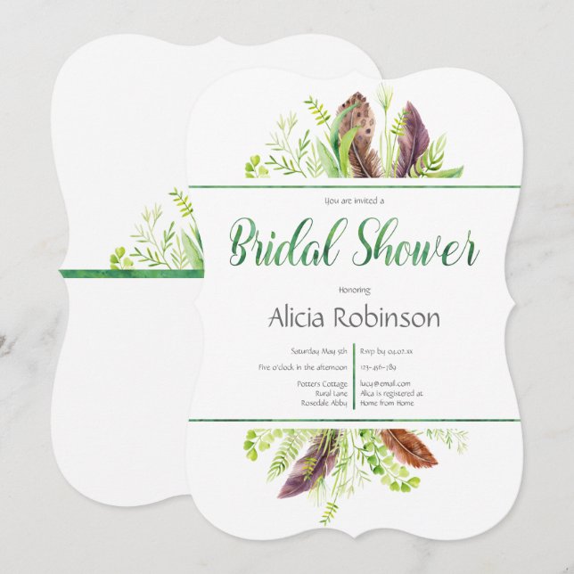 Invitación a la ducha nupcial de plumas y follaje  (Anverso / Reverso)