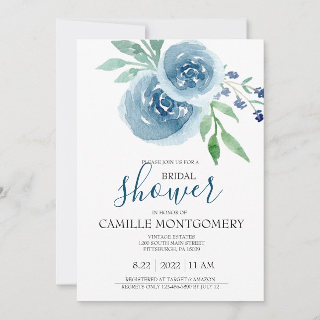 Invitación a la ducha nupcial de Rosa bohemio azul (Anverso)
