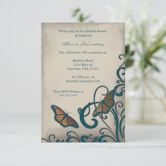 Invitación a la ducha nupcial de Swirl Butterfly v (Anverso de pie)