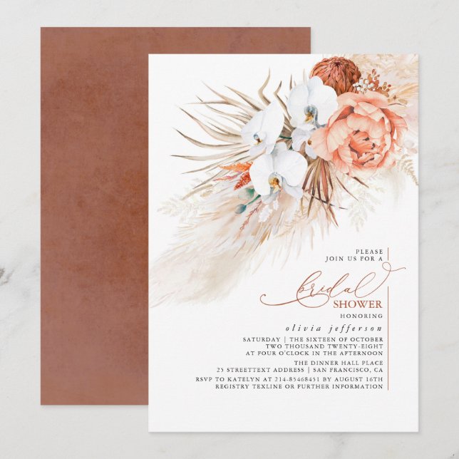 Invitación a la ducha nupcial de terracota Floral  (Anverso / Reverso)