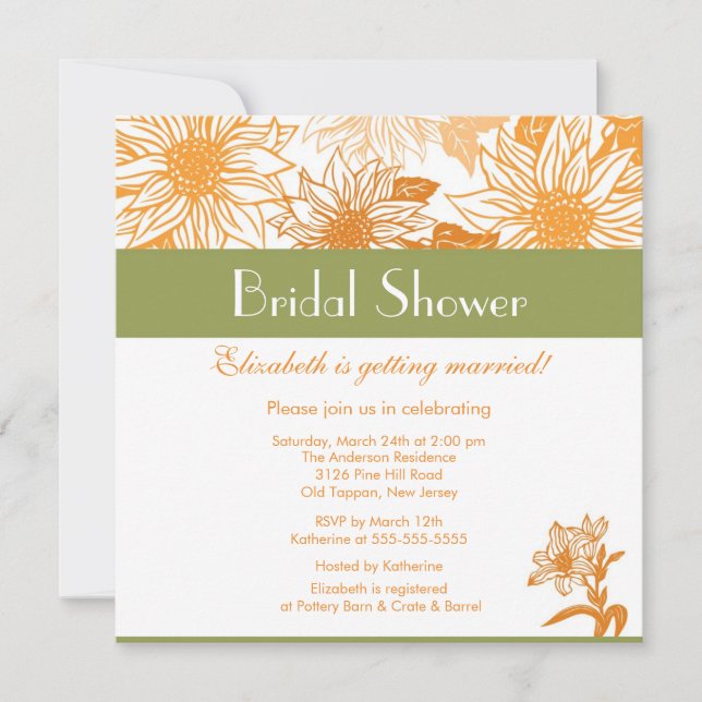 Invitación a la ducha nupcial del Naranja Sunflowe (Anverso)