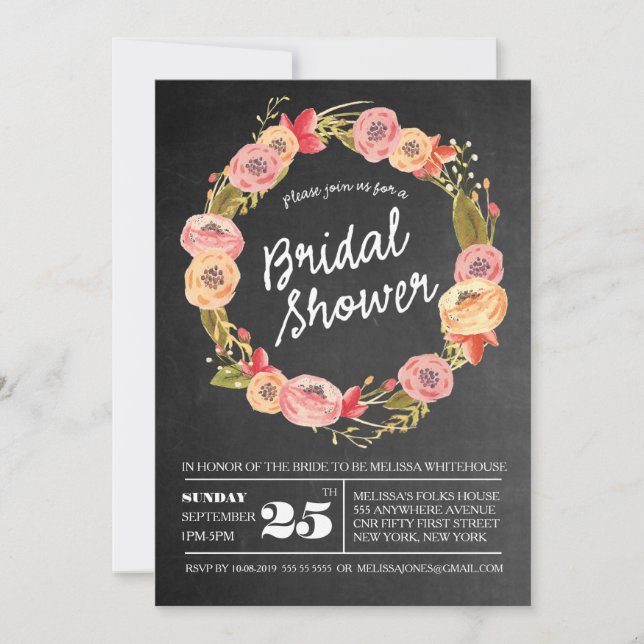Invitación a la ducha nupcial floral Chalkboard (Anverso)