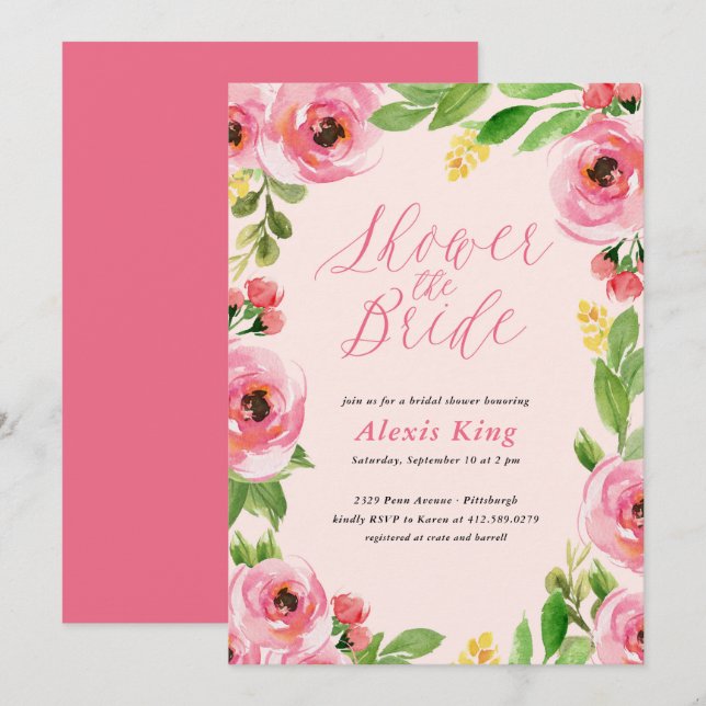 Invitación a la ducha nupcial floral Rosa de prima (Anverso / Reverso)
