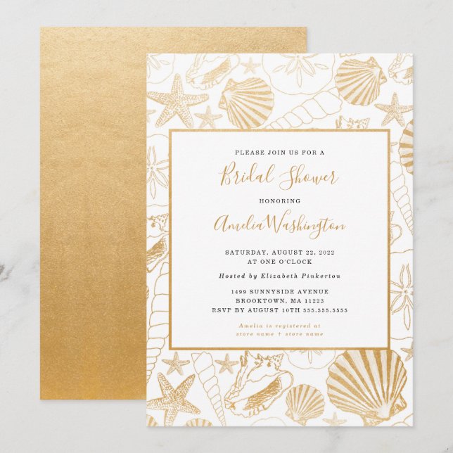 Invitación a la ducha nupcial Golden Shell, tema d (Anverso / Reverso)