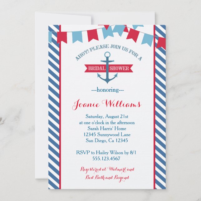 Invitación a la ducha nupcial náutica rojo y azul (Anverso)